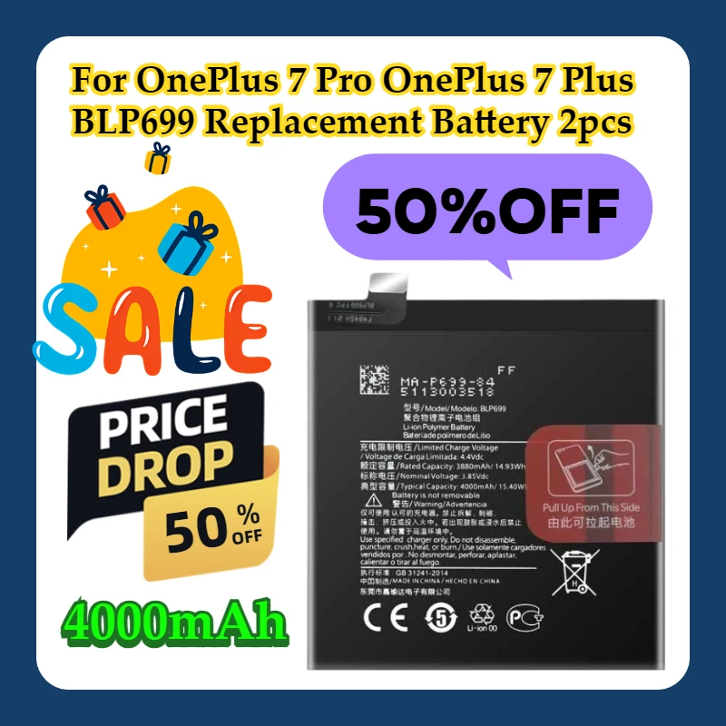 

For OnePlus 7 Pro OnePlus 7 Plus BLP699 4000mAh Replacement Battery 2pcs