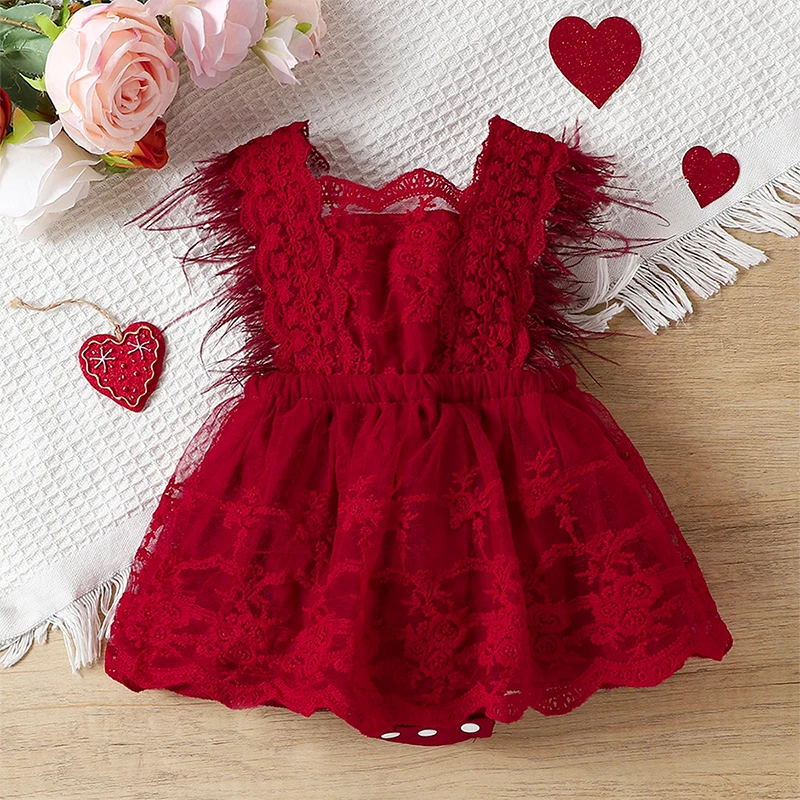 VISgogo Baby Girls Summer Romper Dress Newborn Sleeveless Feather Ruffle Decor Sweet Lace Rompers Infant Princess Clothes