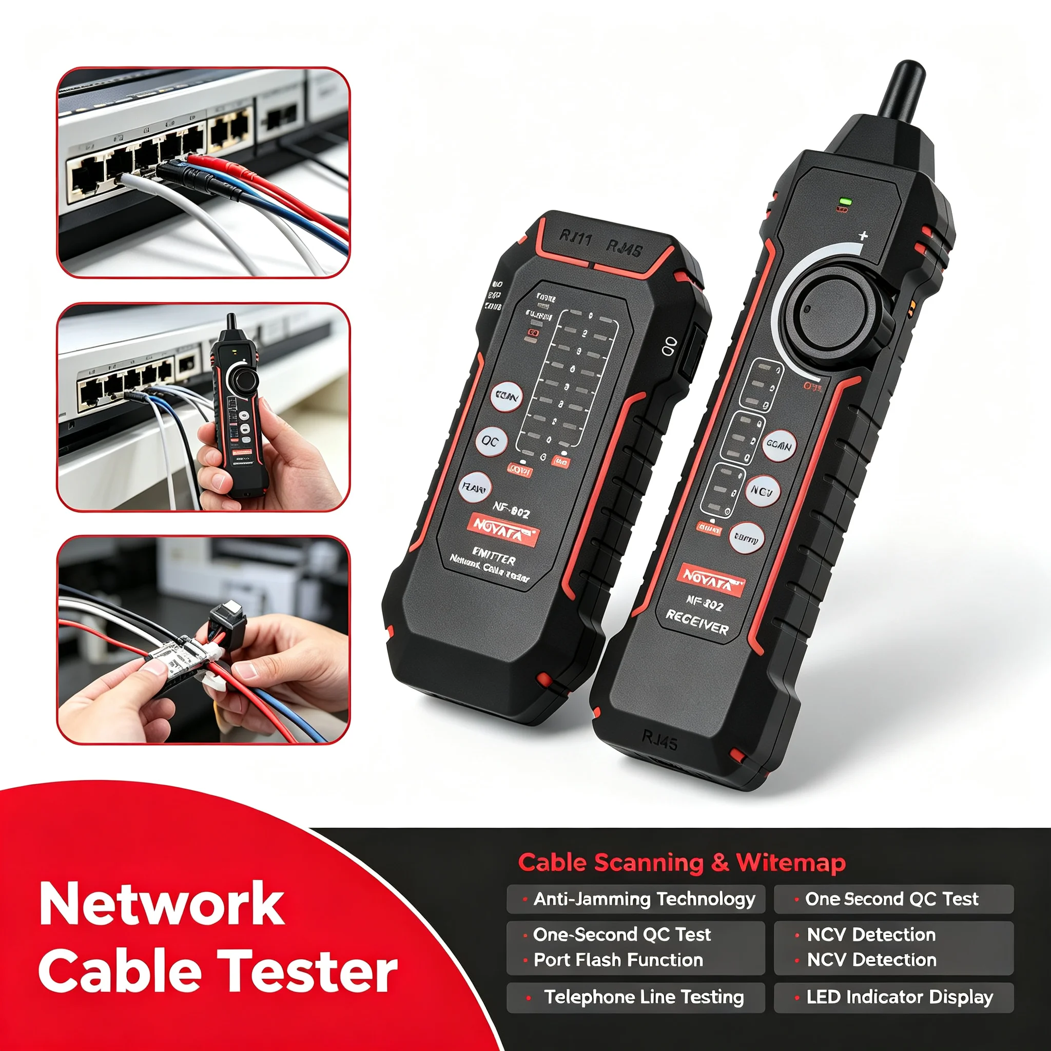 NF-802 Network Cable Tester Wire Tracker Anti-Interference NCV Detector Port Flash for RJ45 RJ11 LAN Telephone Repair