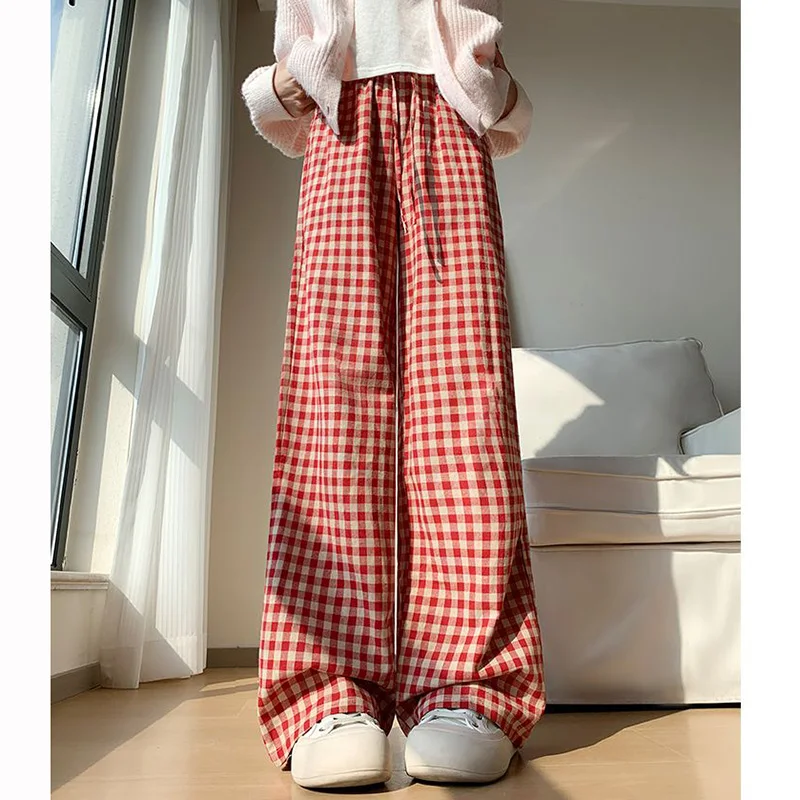Mädchen High-Waist Dünne Lange Hosen Damen Rote Karierte High-Waist-Hosen Retro Lässige Mode Gerade Bein Passende Hosen