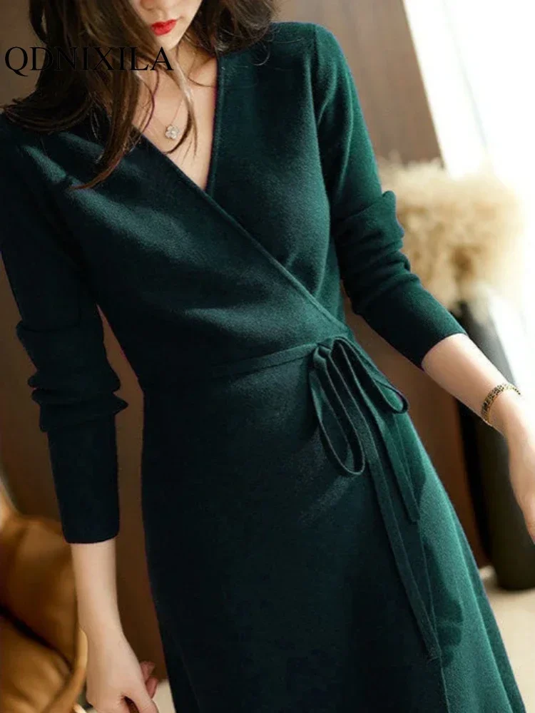 Autumn Winter Sweater Womens Dresses V-neck Wrap Up Dress for Women Woman Clothing Korean Version Loose Elegant Knitted Skirt