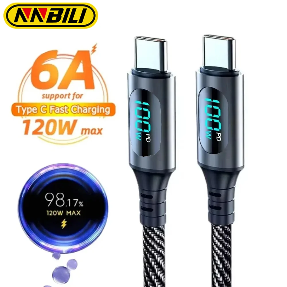 NNBILI 120W USBA to Type C Super Fast Charge Cable Nylon Data Wire for Xiaomi POCO Samsung With Led Digital Display Cable