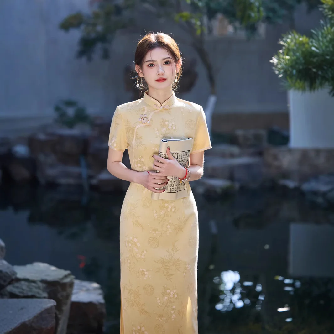 Yourqipao 2025 printemps et été nouveau Style bambou lin Jacquard en relief mi-long chinois Cheongsam pour les filles