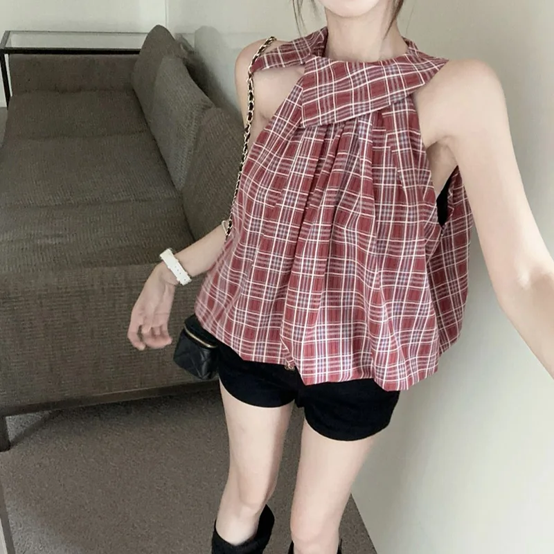 Korean Style Niche Retro Fashion Elegant Plaid Sleeveless Shirt Summer New Popular Original Design Sweet Sexy Slim Women\'s Top