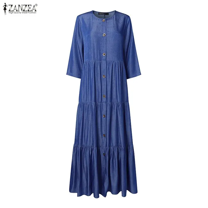 เดรสยีนส์ปลอมสีน้ำเงิน ZANZEA รุ่นฤดูใบไม้ร่วง ปี 2025 สำหรับผู้หญิง คอทรงโอ แขนยาว จับจีบ ติดกระดุม  ชุดเดรสทำงานสุดหรู