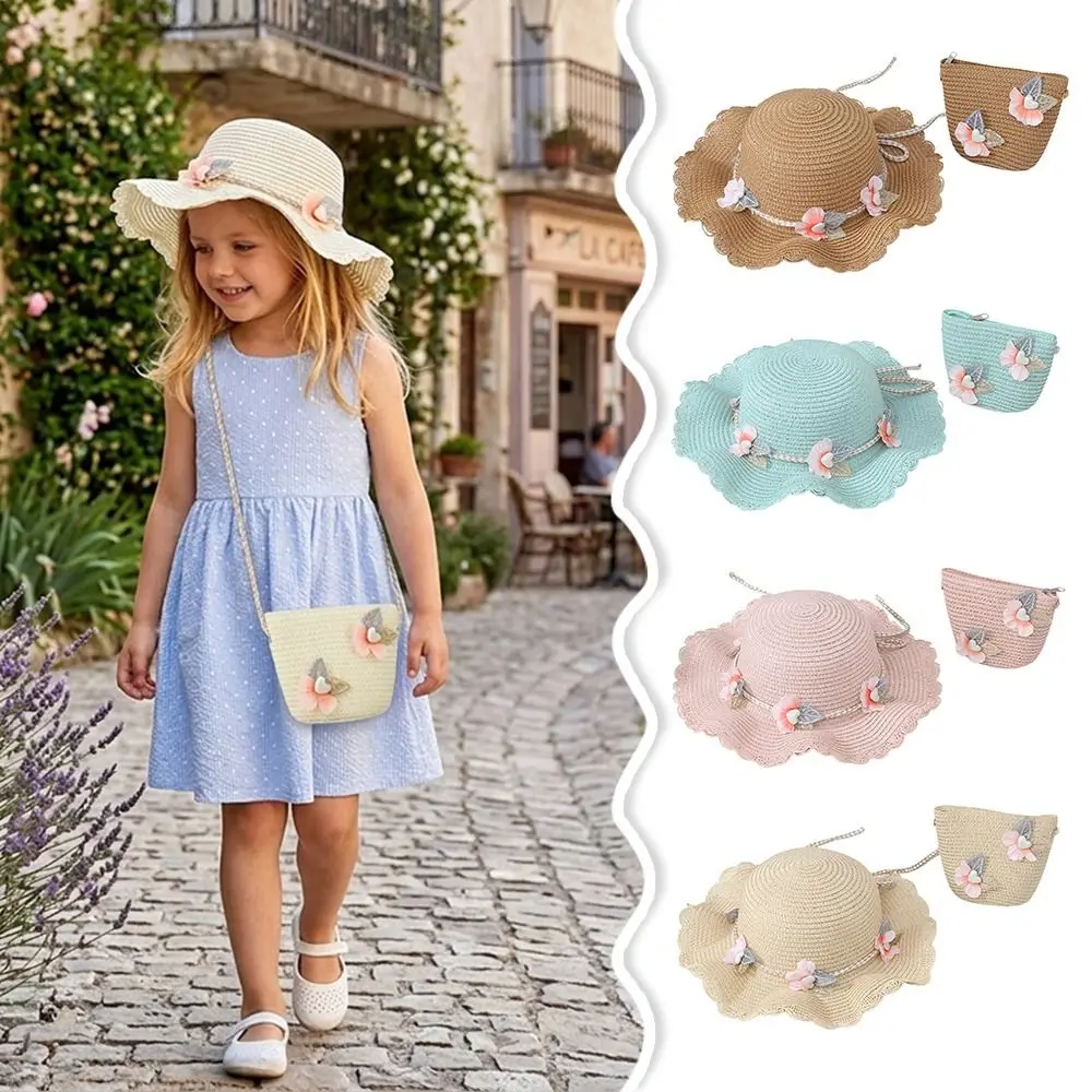 

2Pcs/Set Wide Brim Straw Hat Beach Bag Set Flower Design Tote Bag Children Beach Hats Set Sun Hat Breathable Straw Wide Hat