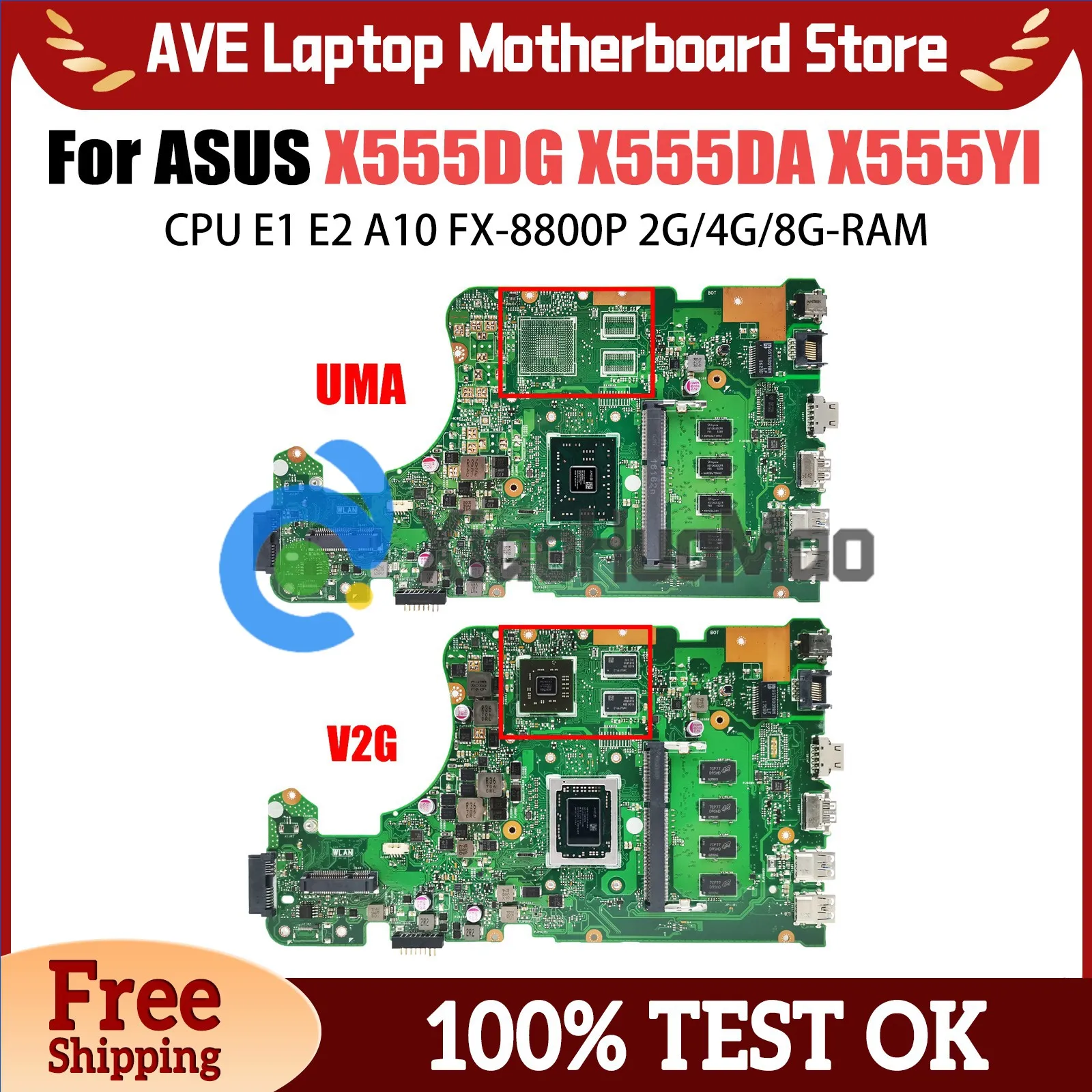 

X555DG Motherboard Suitable for Asus X555 X555D X555YA X555YI Motherboard With E1 E2 A4 A6 A8 A9 A10 FX-8800P RAM 2G 4G 8GB