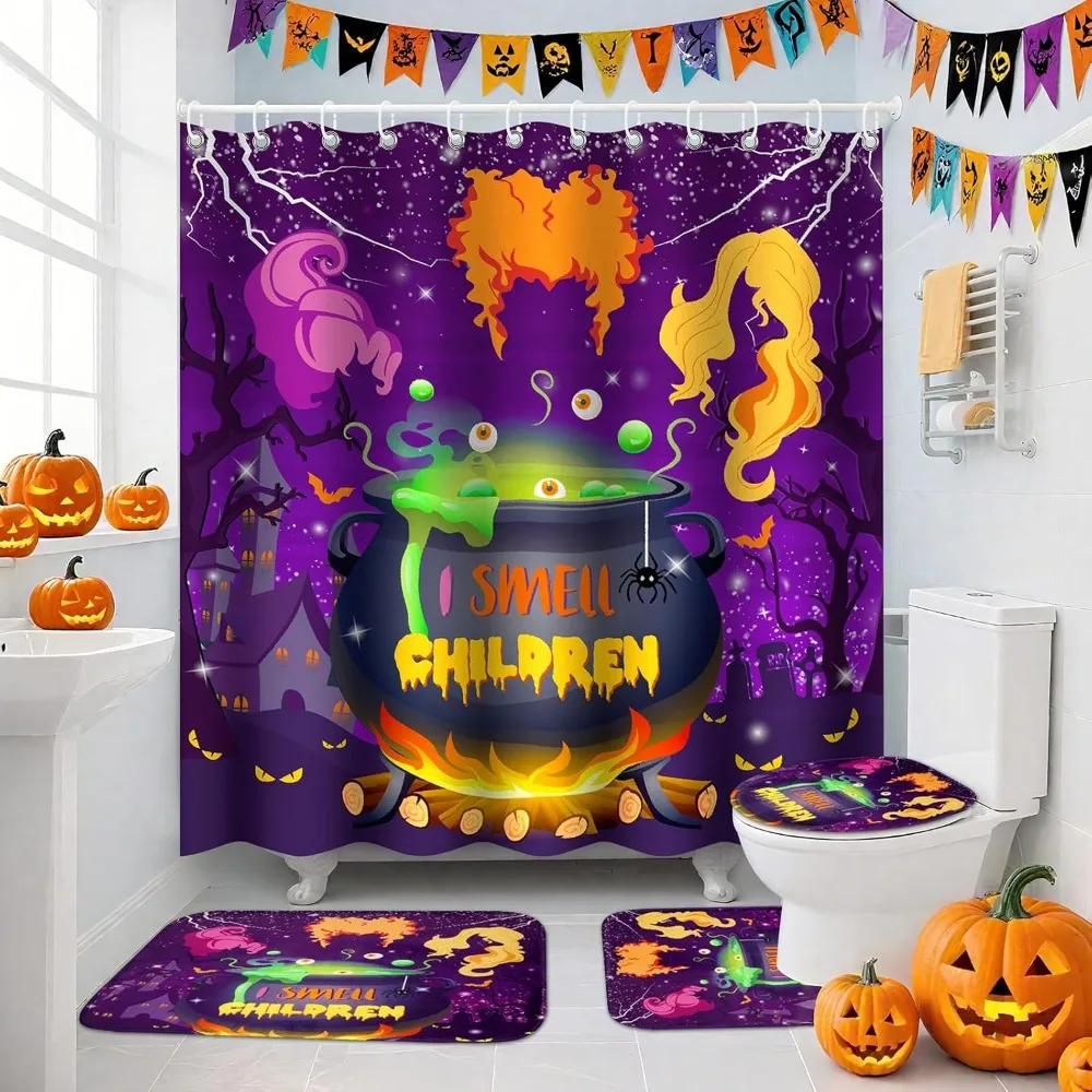 

Набор занавесок для душа на Хэллоуин - 4 шт. Наборы для ванной комнаты на Хэллоуин с занавеской для душа, нескользящие коврики, крышка для крышки унитаза и коврик для ванной, ванна