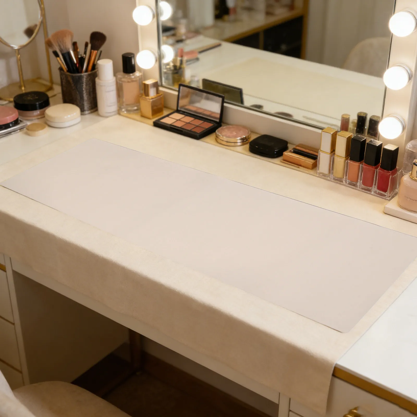 Waterproof Beige Vanity Mat 40x120cm Nonslip Makeup Desk Protector for Bedroom Bathroom Office Home Desktop Decor
