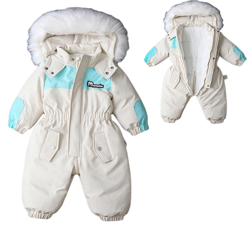 -30℃ Winter Infant Rompers Clothes 2023 New Kids Fur Collar Hooded Overalls Girls Boys Ski Suit Thick Jacket Baby Warm Bodysuit