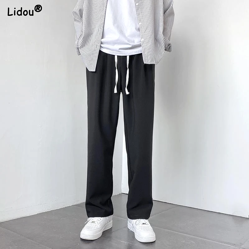 

Spring Summer Thin Comfortable Simplicity Solid Color Loose Elastic Waist Straight Men's Clothing Casual Lacing Wide Leg Pants