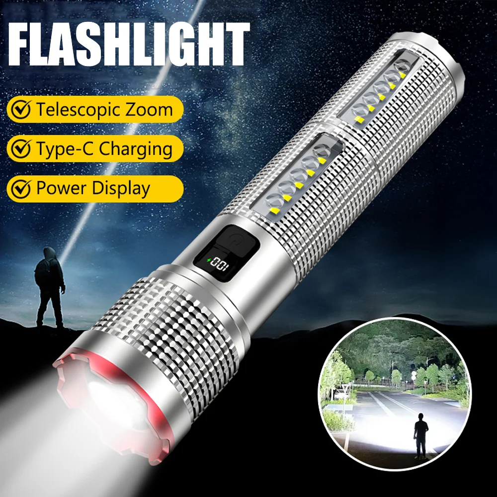 Super Bright LED COB Flashlight USB Rechargeable Torch Telescopic Zoom Handheld Flashlight Outdoor Camping Emergency Lantern