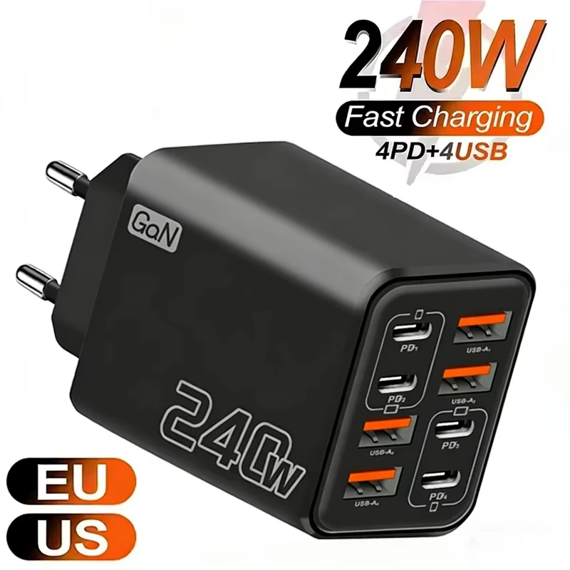 8-in-1 240W GaN USB-C-Ladegerät, schnelles Ladegerät, Netzteil für iPhone, Samsung, Xiaomi, Typ-C, EU/US-Stecker, Wandladegerät