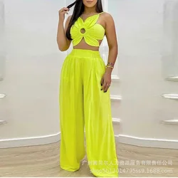 Women's Clothing New Flower Cutting Design Cami Tank Top & Wide Leg Casual Trousers 2-Piece Set