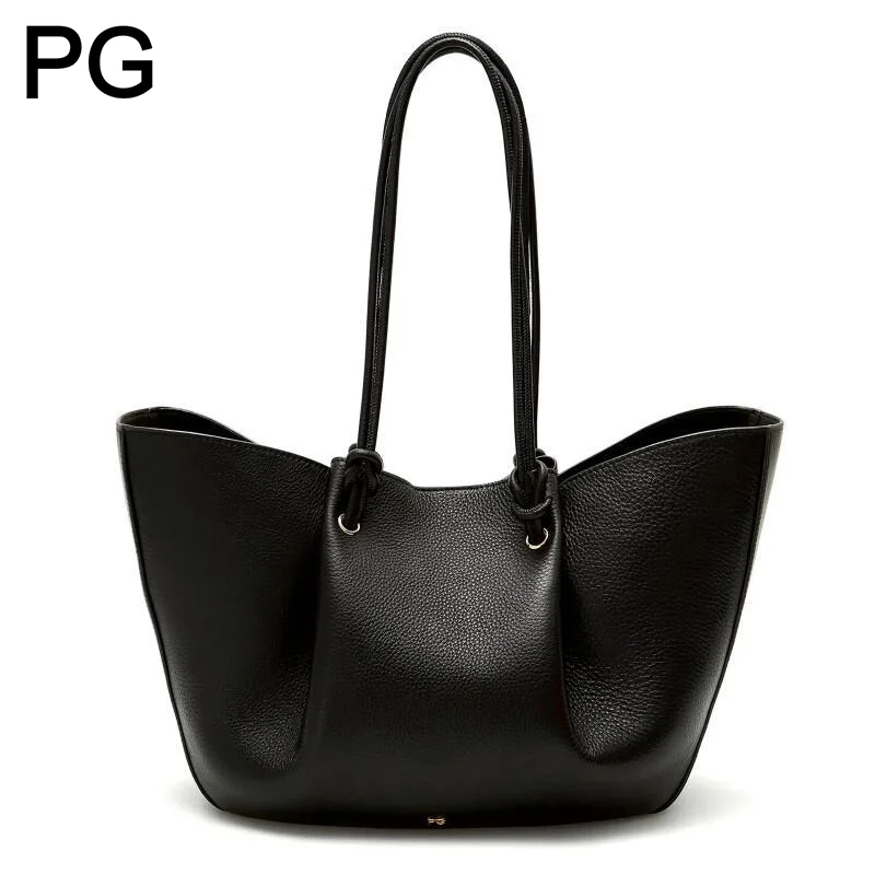 

PG Pebbled Leather Open Top Tote Bag Women Knotted Strap Large Capacity Soft Casual Daily Commute Purses