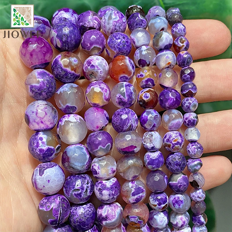 Natural Stone Purple Frost  Cracked Fire Agates Loose Beads 6/8/1012mm For Jewelry Making DIY Bracelet Necklace 15\'\' Inch