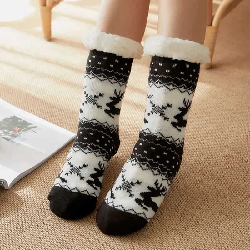 

Christmas Gift Slippers Socks Women Winter Plush Soft Fuzzy Floor Female Fluffy Designer Silicone Anti-slip Grip Sock Deer Elk