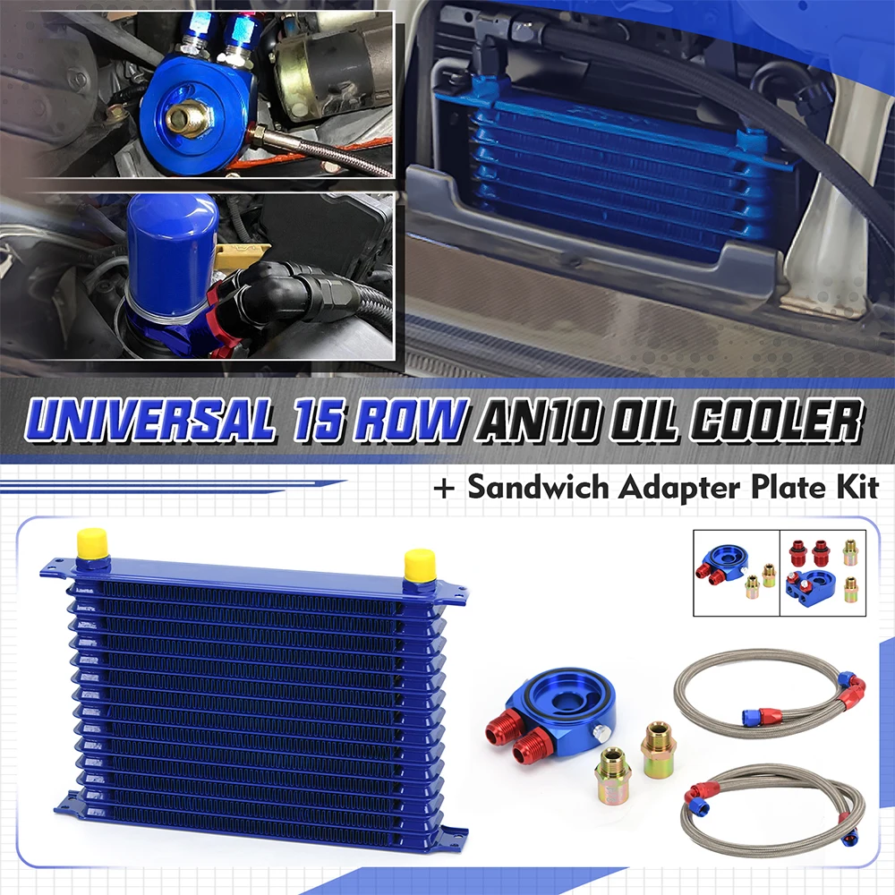 Universal 15 Rows Oil Cooler Kit + Stainless Steel Braided Oil Hose With Oil Filter Sandwich Adapter + PQY Sticker+Box