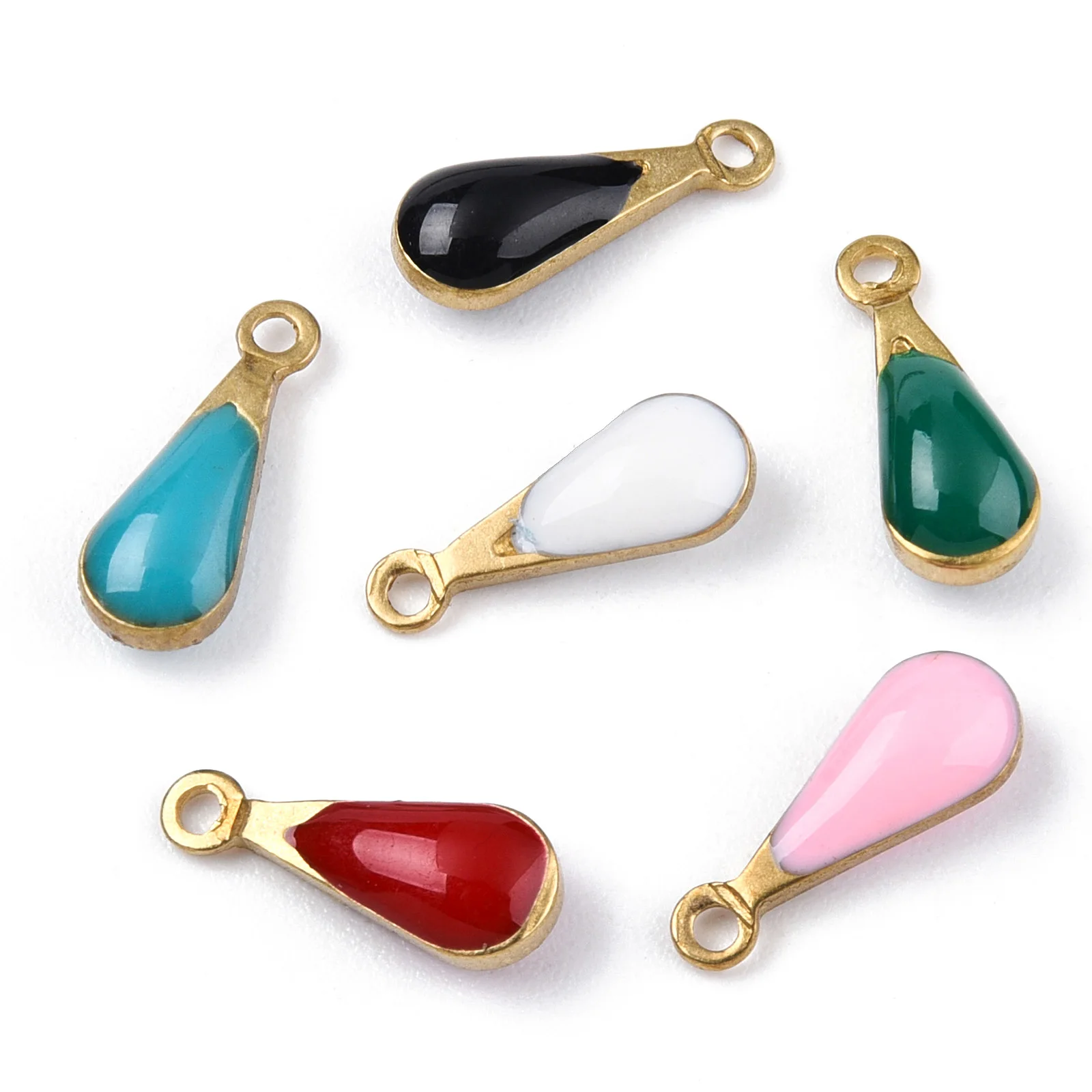 

20pcs Antique Golden Plated Metal Enamel Teardrop Pendant Multi-color Necklace DIY Jewelry Making Accessories 11x4x3mm Hole 1mm