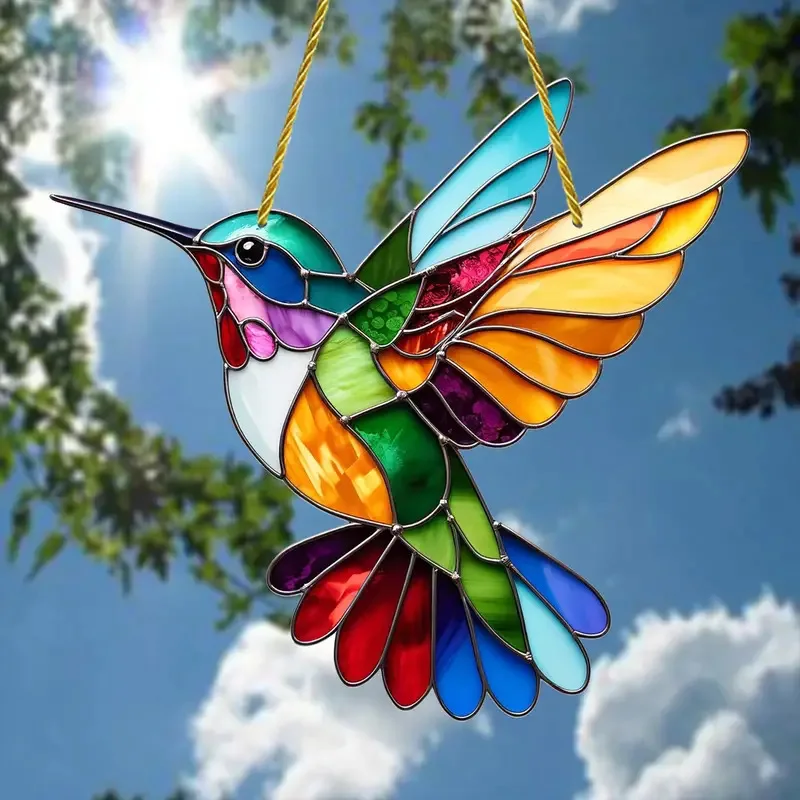 2D Gorgeous Hummingbird Sun Catcher Acrylic Stained Glass for Window Hanging Ornaments Porch Pendant Craft Gift Home Decor