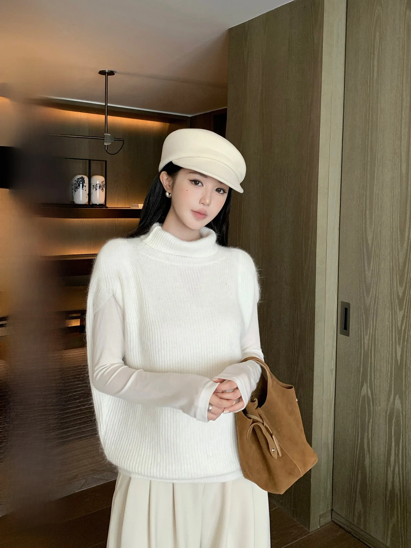 

Autumn Winter Women's High Collar Angora Rabbit Fur Vest Warm Cozy Knitted Sweater Vest Loose Fit Long Sve Top