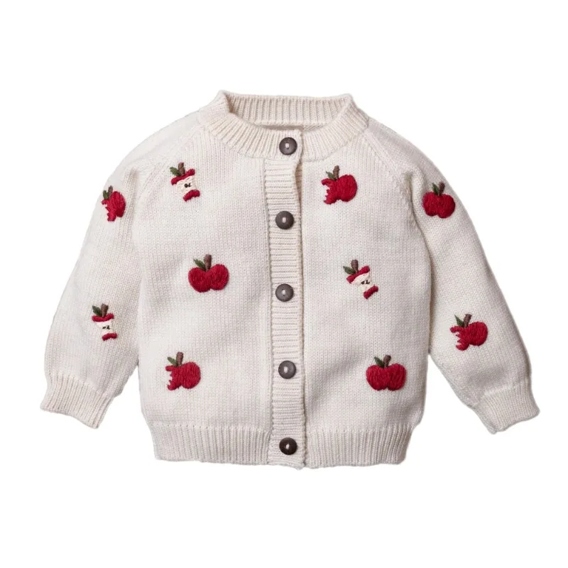 Kids Girls Apple Embroidered Knit Cardigan 2026 Fall Winter Wool Blend Warm Coat Children Sweater