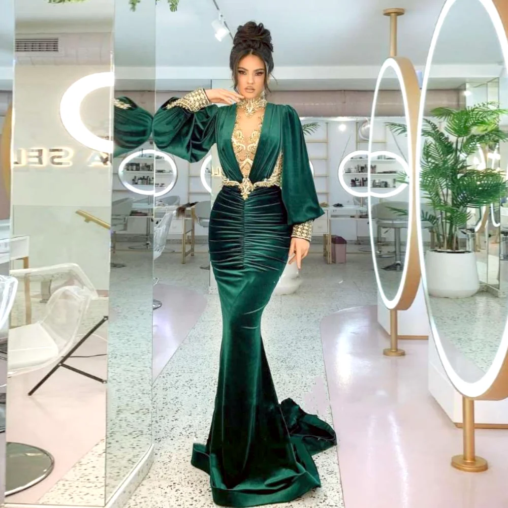 Arab Green Velvet Evening Dresses Women Long Sleeve Mermaid V-Neck Prom Dress Beaded Belt Pleated Large Formal Occasion Robe