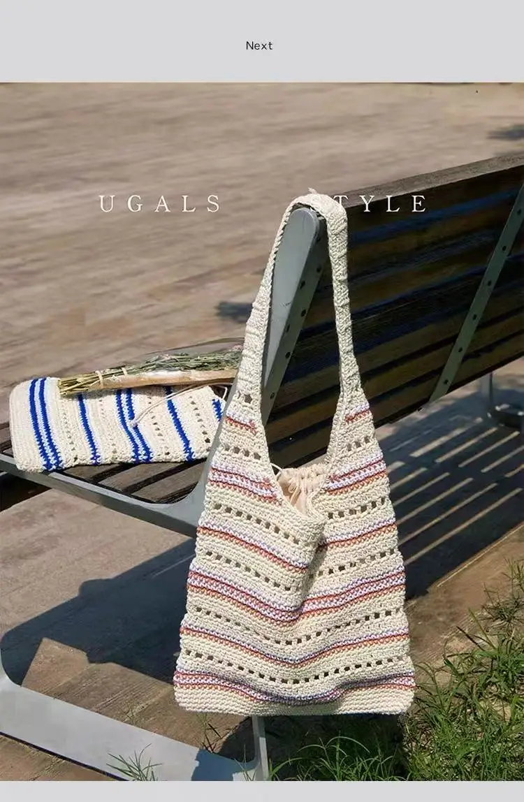

Fashion Cotton Thread Knitted Shoulder Bag Large Capacity Tote Bag Women Handbag Holiday Vacation Travel Bag Female Casual Bag