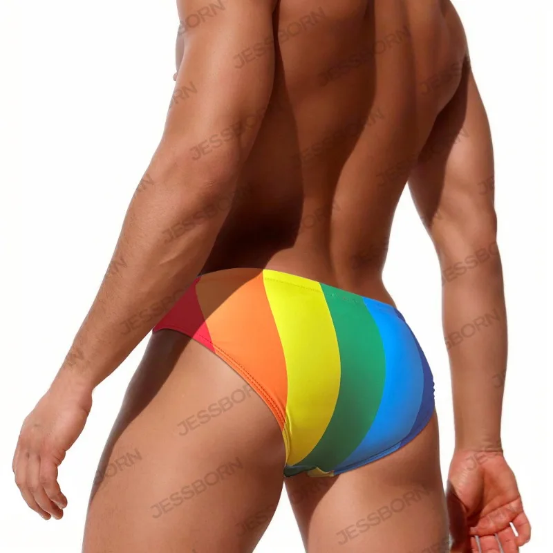 Men\'s Swimming Trunks Men Swimsuit Rainbow Coarse Stripes Swim Briefs Quick Drying Beach Shorts Board Surf Bathing Suit Swimwear