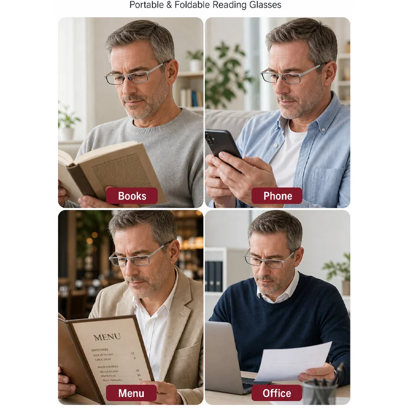 Metal Folding Reading Glasses Men's Portable Ultra Light Anti Blue Light Lens Presbyopia Glasses Women's Rectangular Eyeglasses