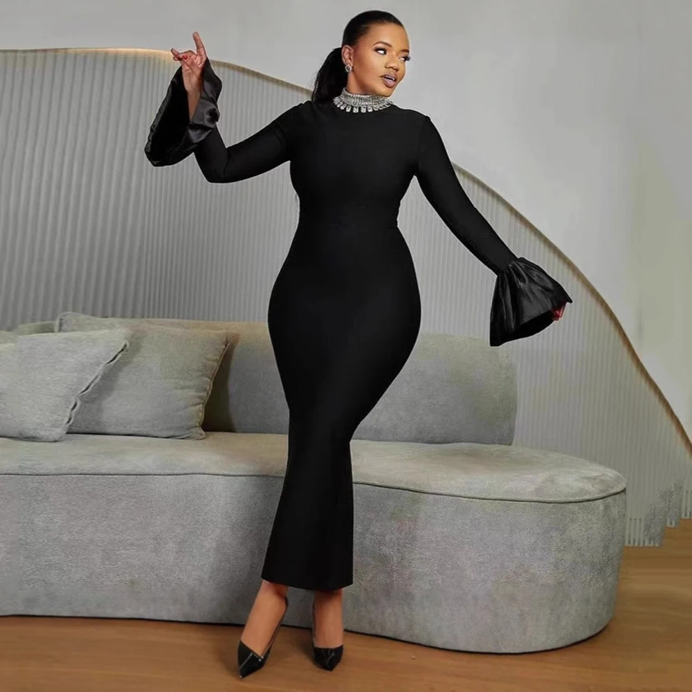 

Новинка 2023 года, весеннее элегантное женское бандажное платье, одежда с расклешенными рукавами и бисером, клубные вечерние длинные платья знаменитостей