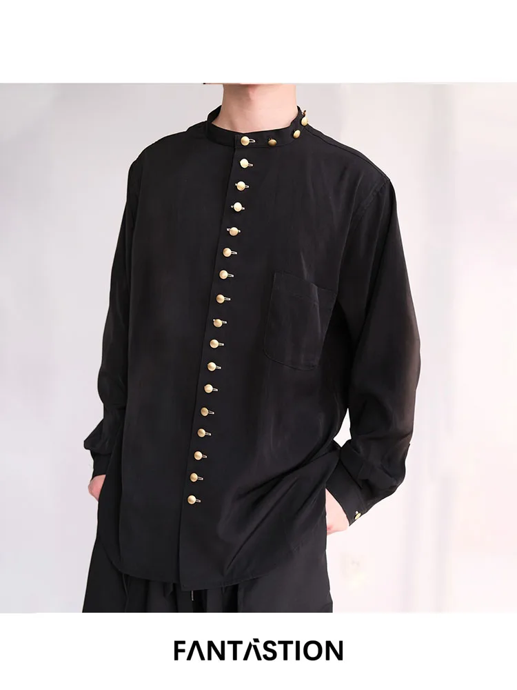 FANTASTION Original design retro court style vertical row of multiple gold small buttons unisex stand-up collar draped shirts