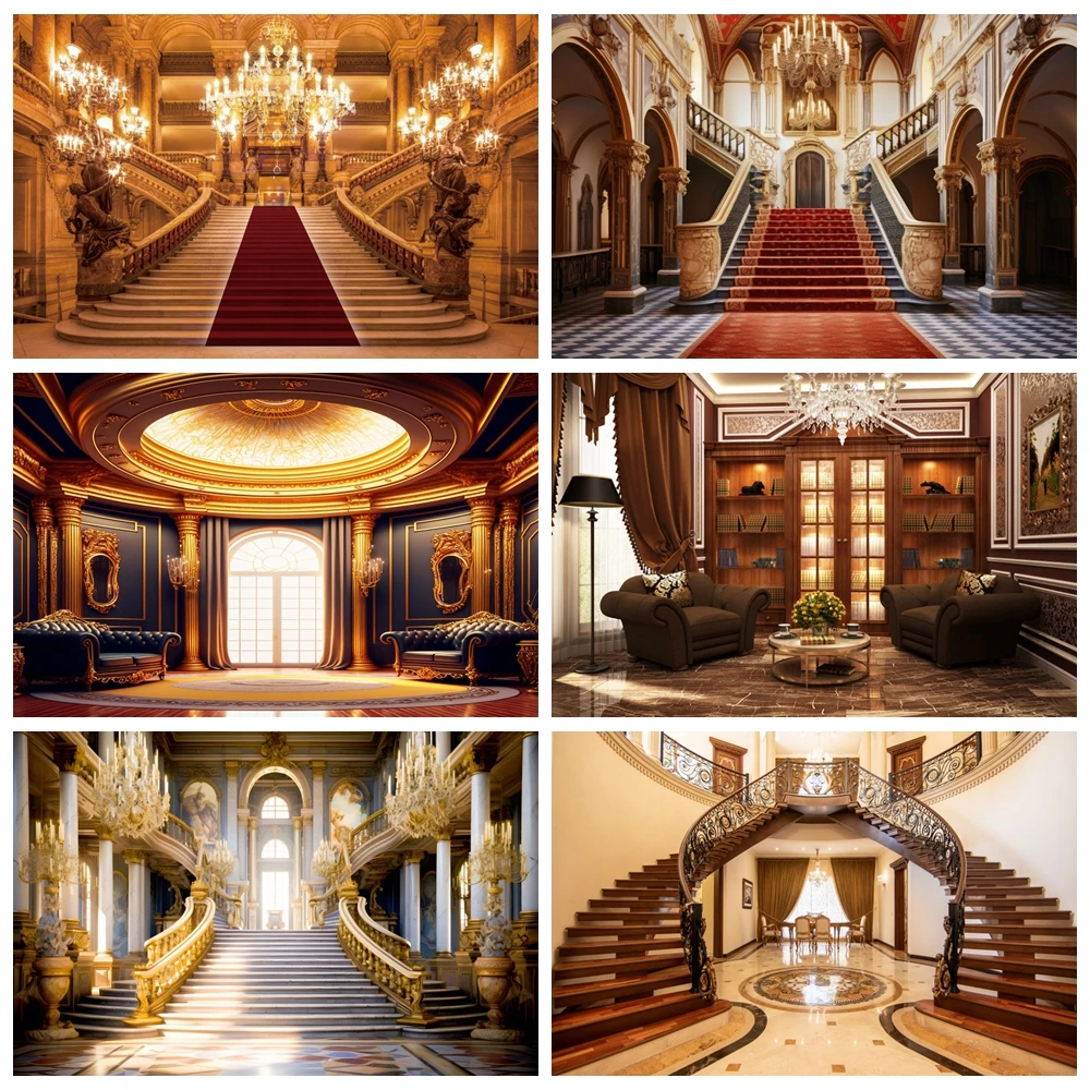 

Luxury Palace Photography Backdrop Vintage Castle Red Carpet Stairs Interior Wedding Portrait Birthday Party Photo Background