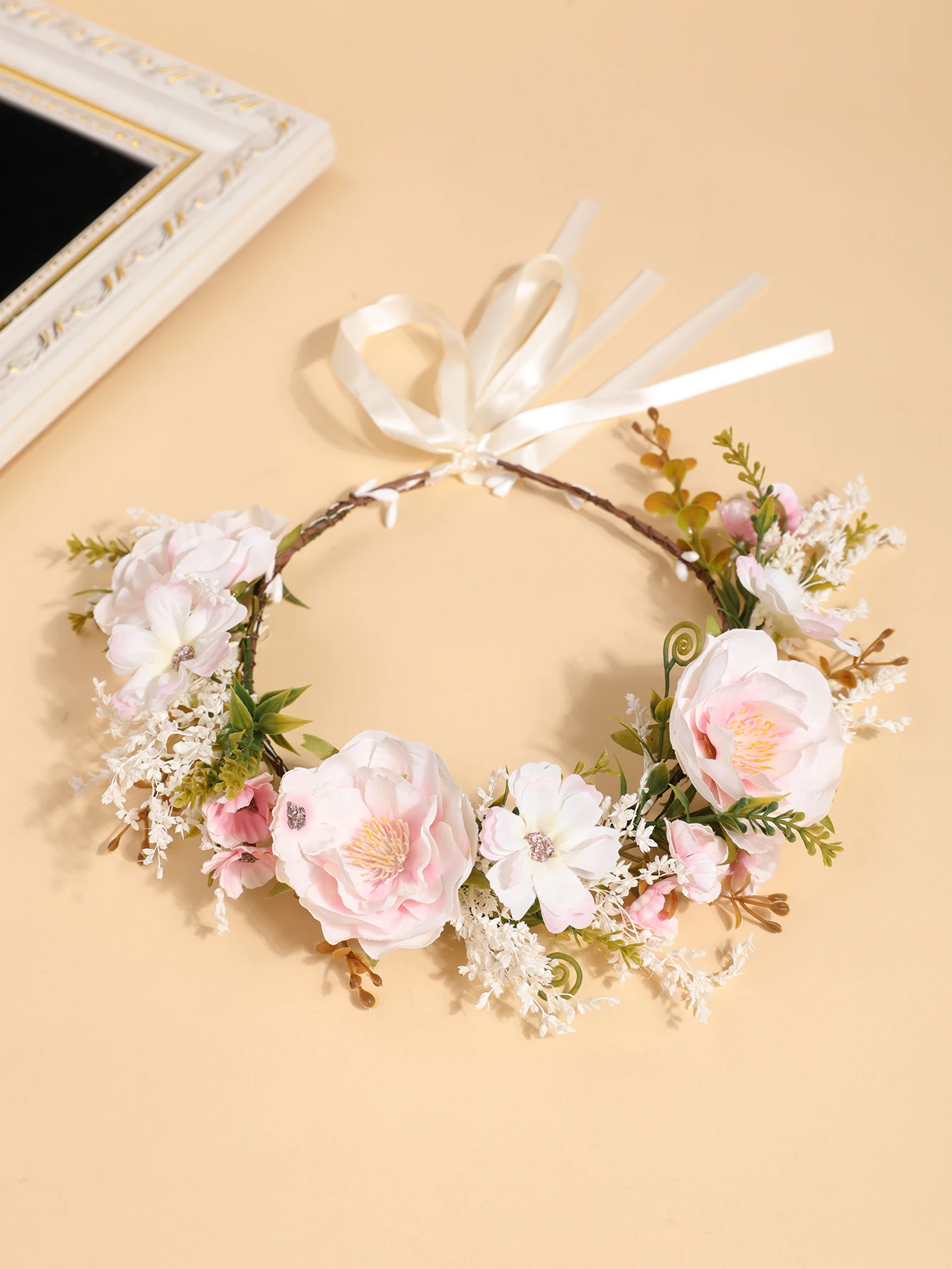 Gentle Light Purple Peony Artificial Flower Wreath, Adjustable White Ribbon Forest-Style Headband, Bridal Wedding Photography Flower Headpiece image 5