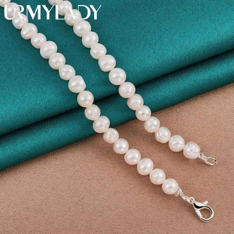 URMYLADY 925 Sterling Silver 7-8mm Pearl Chain Necklace Lobster Clasp For Women Man Wedding Fashion Engagement Jewelry