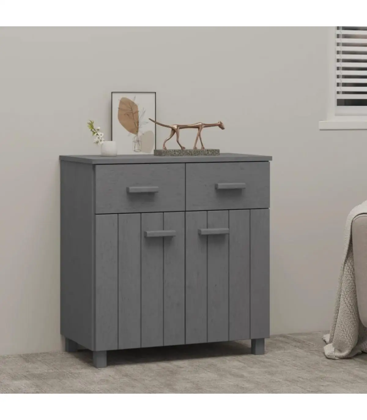 Dark gray pine solid wood sideboard 79x40x80 cm