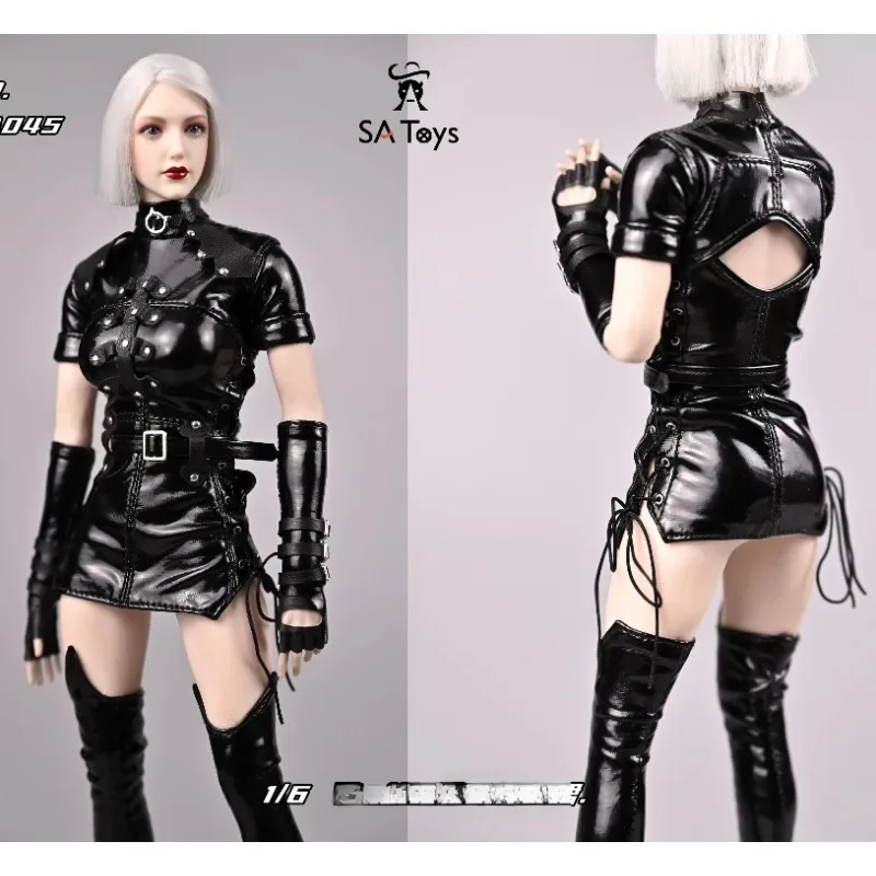 1/6 Scale Female Soldier Pu Leather Jumpsuit Cool Black Rivet Motorcycle Skirt Model for 12