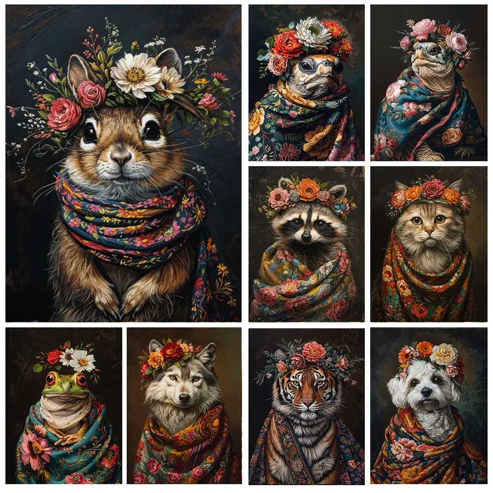 

Surrealism Flowers Animal Art Aesthetic Poster Print Vintage Floral Raccoon Turtle Rabbit Cat Canvas Painting Home Decor Cuadros