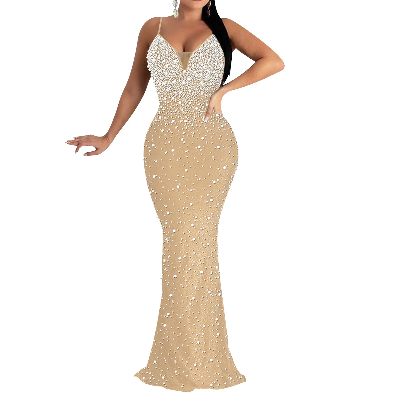 Trunpet Meerjungfrau Abendkleid Frauen Abendkleid Rückenfrei Perlen Spaghettiträger Bodycon Clubwear Elegante Cocktailpartykleider