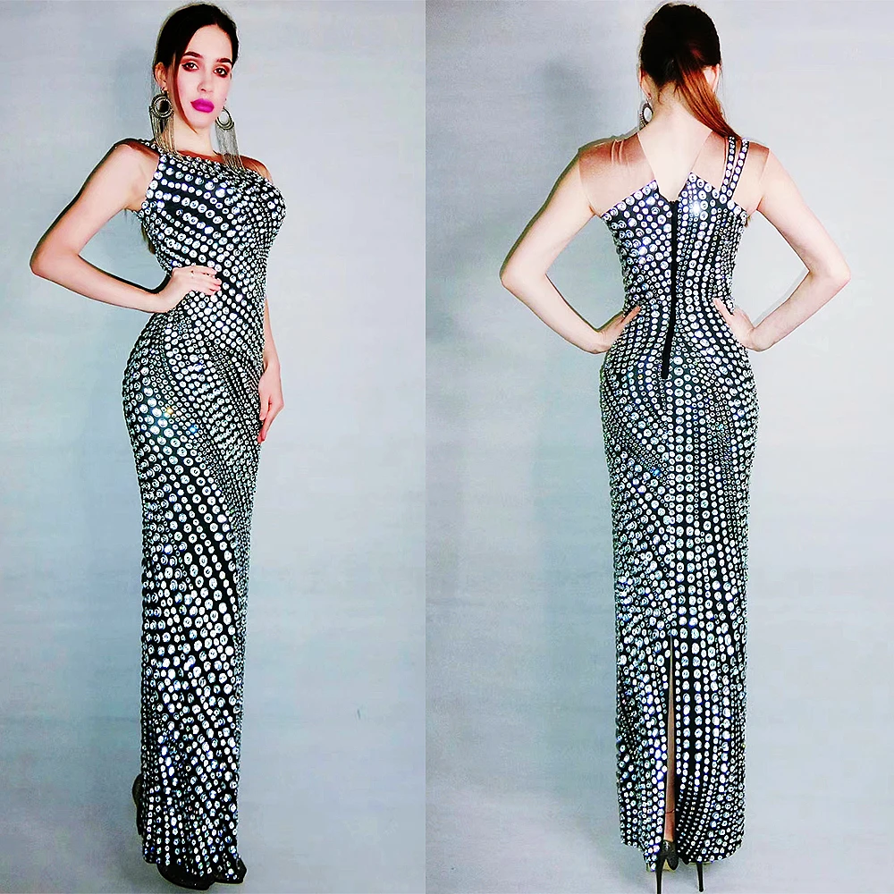 Neue Ärmellose Glänzende Strass Kristall Sexy Frauen Abendkleid Party Club Bar Kleidung Bankett Festival Outfits Langes Kleid
