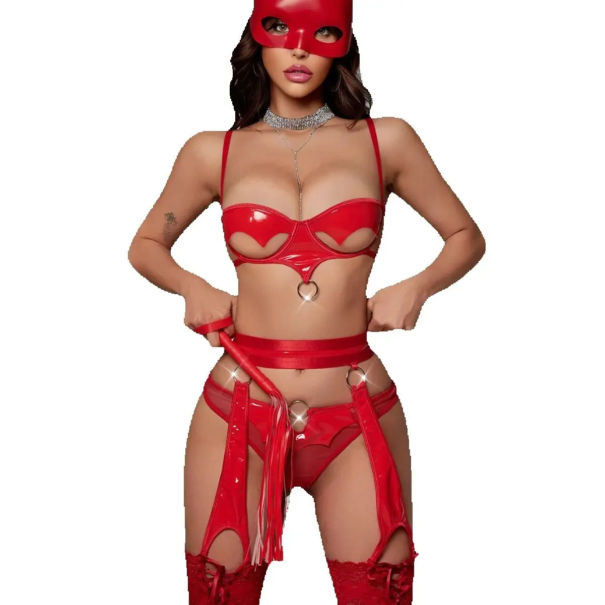 New Female Sexy Lingerie Fashion PU Leather Ultra-thin Bra and Panty with Garte…