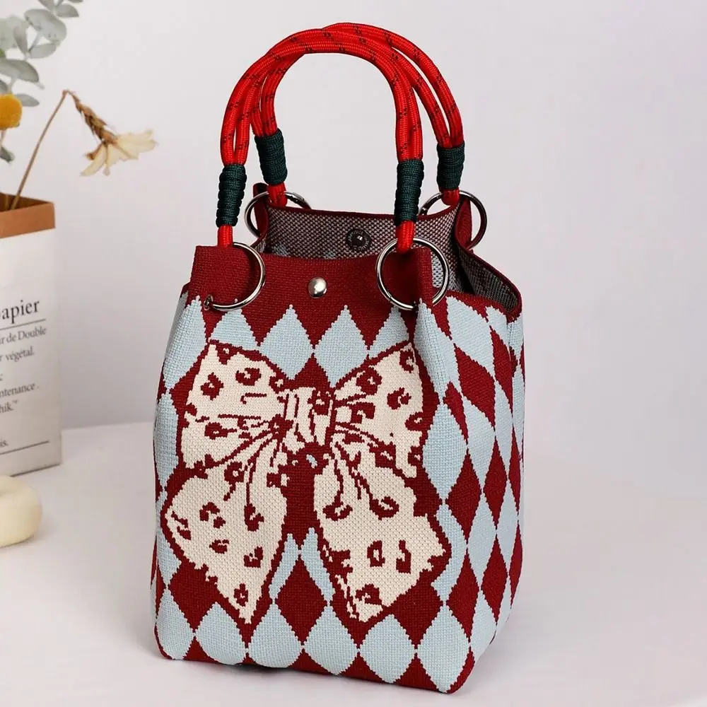 Modische Cartoon-Strick-Bucket-Bag, handgefertigte gewebte Handgelenktasche mit Ringschnalle, große Schultertasche für Damen und Mädchen – Detail 7
