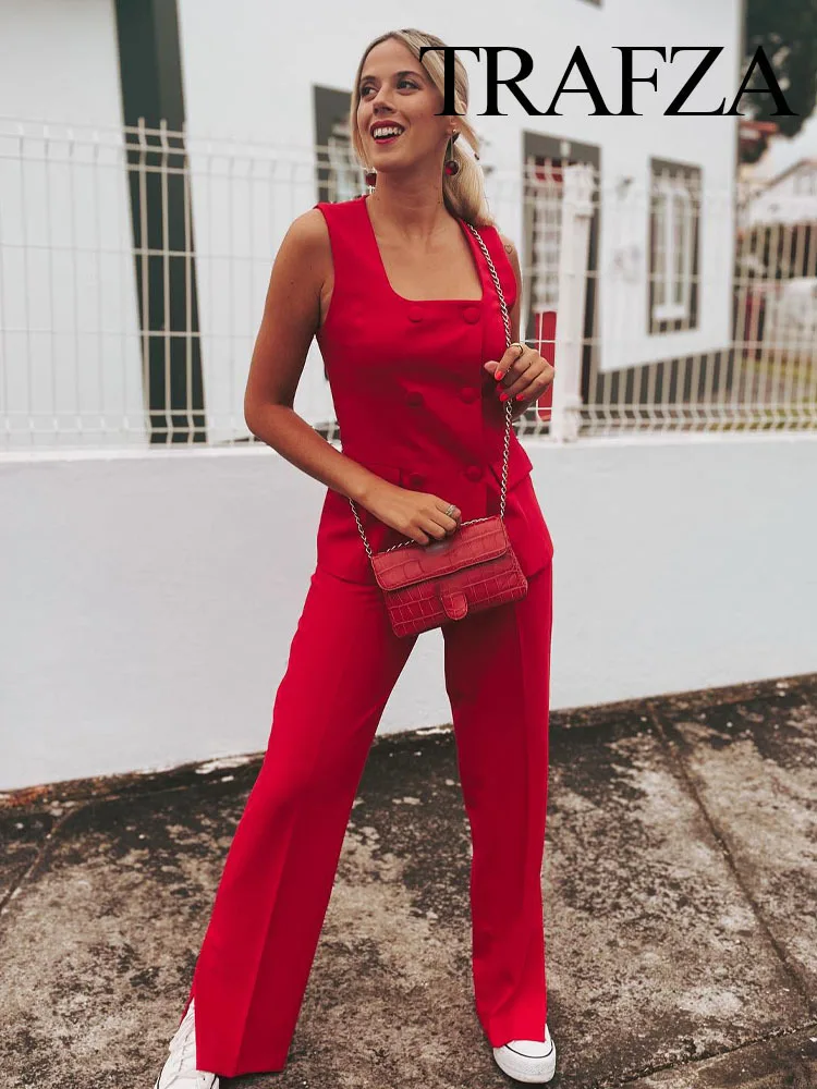 New Summer Fashion Women Suits Red Square Neck Sleeveless Pockets Double Breasted Waistcoat Top+Mid-Waist Slit Stralght Pants