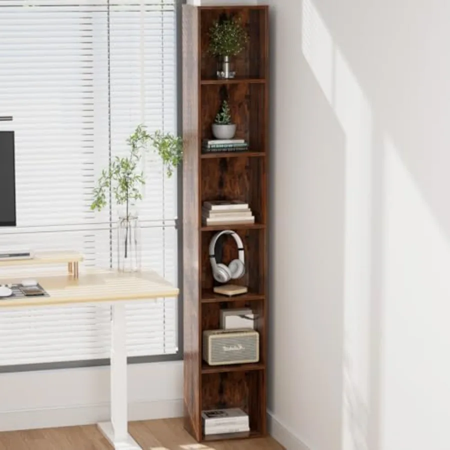 

Tall Narrow Bookshelf 6-Tier Bookcase70.5" Skinny Thin Corner Shelf Slim Storage Cabinet Wood DVD CD Media Cube Organizer Tower