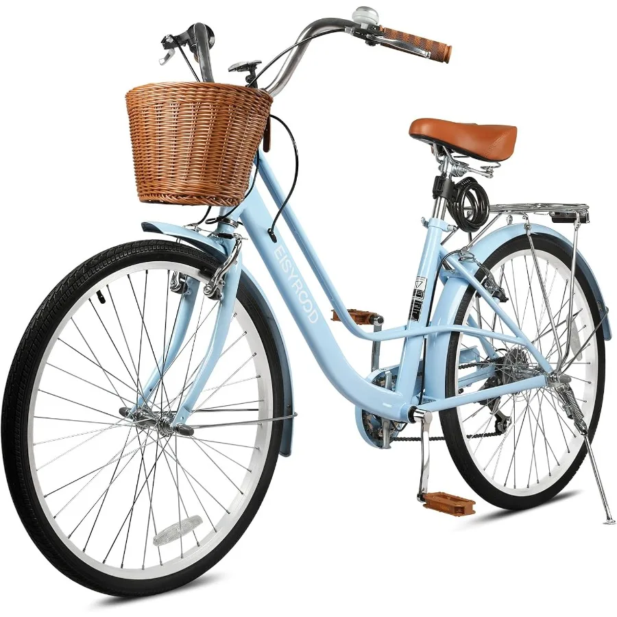 Vélo de plage pliant de 26 pouces pour femme avec système d'engrenage à 7 vitesses, comprend un panier de rangement et un support arrière, idéal pour les commandes urbaines