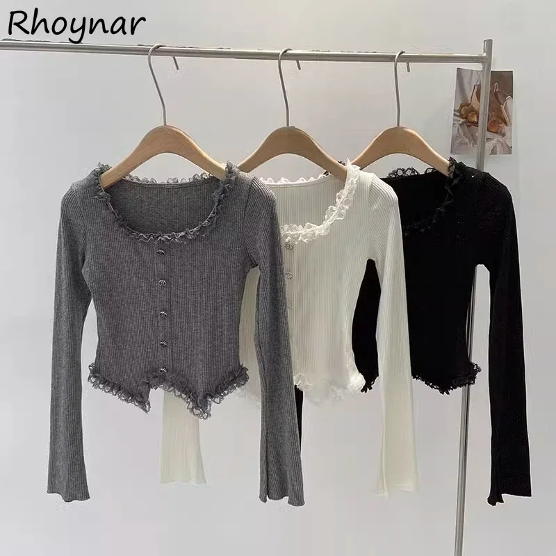 Square Collar T-shirts Women Korean Fashion Lace Patchwork Slim Fit Knitted Skin-friendly All-match Simple Sexy Ladies Autumn