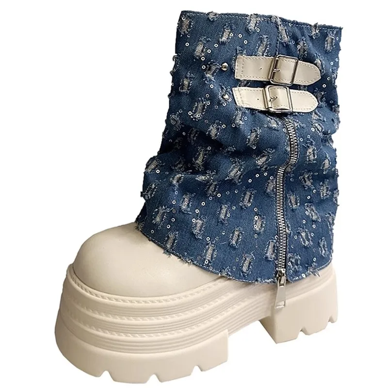 

Осенне-зимние массивные короткие ботинки 10 см, женские парусиновые кожаные кроссовки до середины икры на высоком каблуке, трендовые мотоциклетные ботинки с пряжкой, зимняя обувь