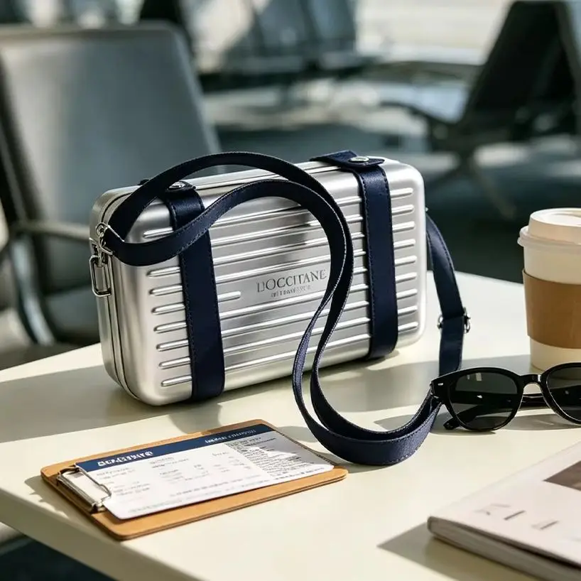 Loccitane ABS Hard Shell Cosmetic Bag Silver Metallic Paint Vertical Stripe Pressure Resistant Detachable Adjustable Dark Blue P view 2