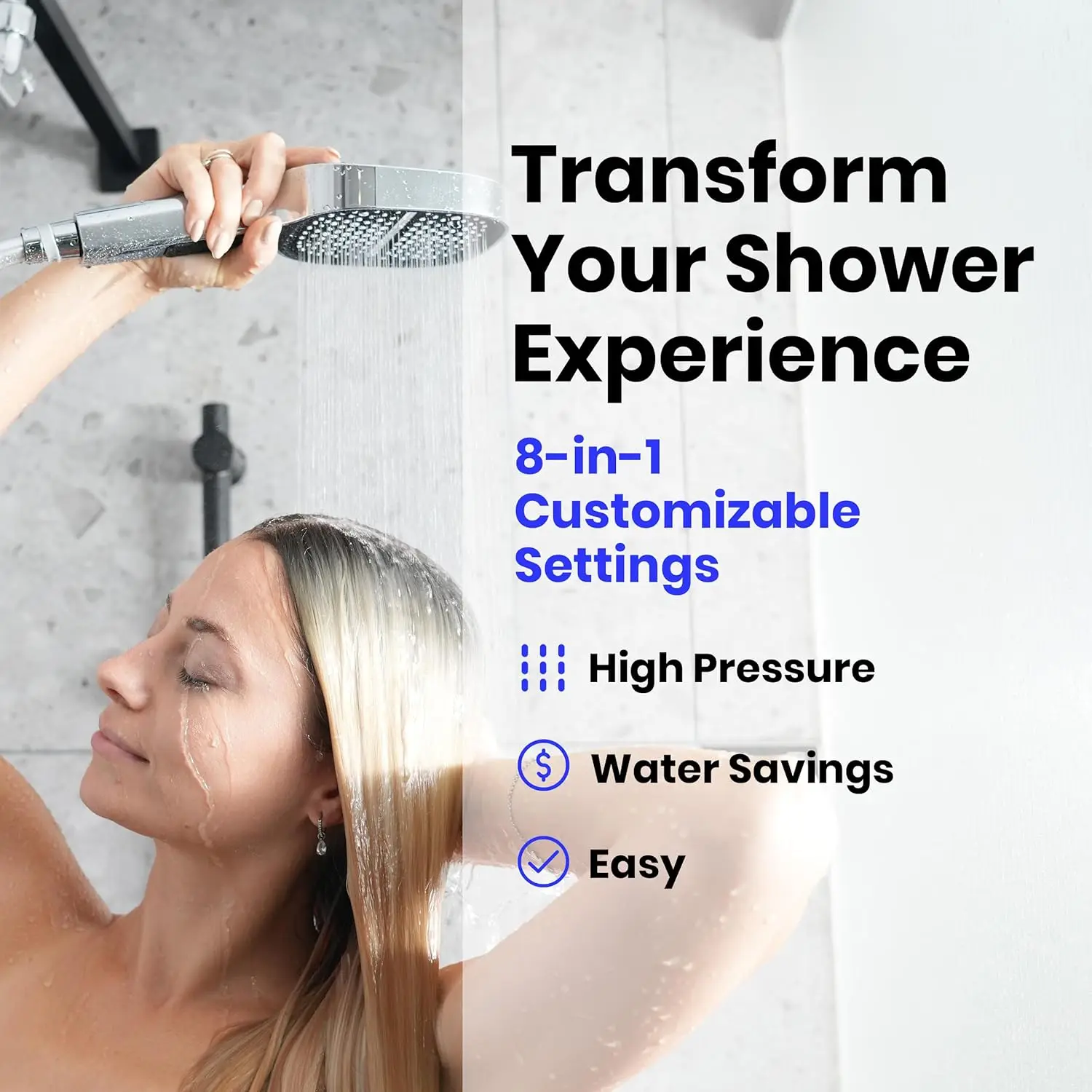 Maas & Bath 8-In-1 Chrome Shower Head - Handheld Showerhead, Hose & Bracket Kit With 8 Customizable Spray Button Settings, High