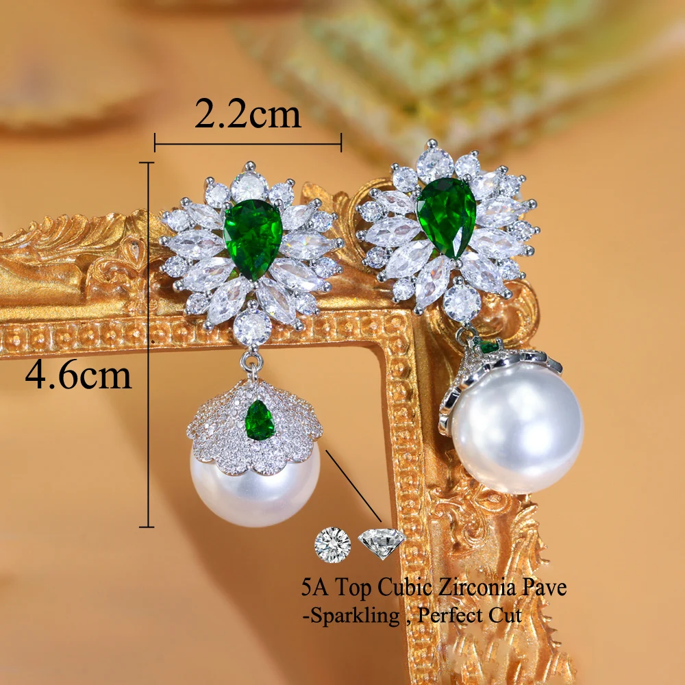 ThreeGraces Luxury Shiny Green Zircon Big Simulated Pearl Long Wedding Bridal Earrings for Women Vintage Party Jewelry E1921